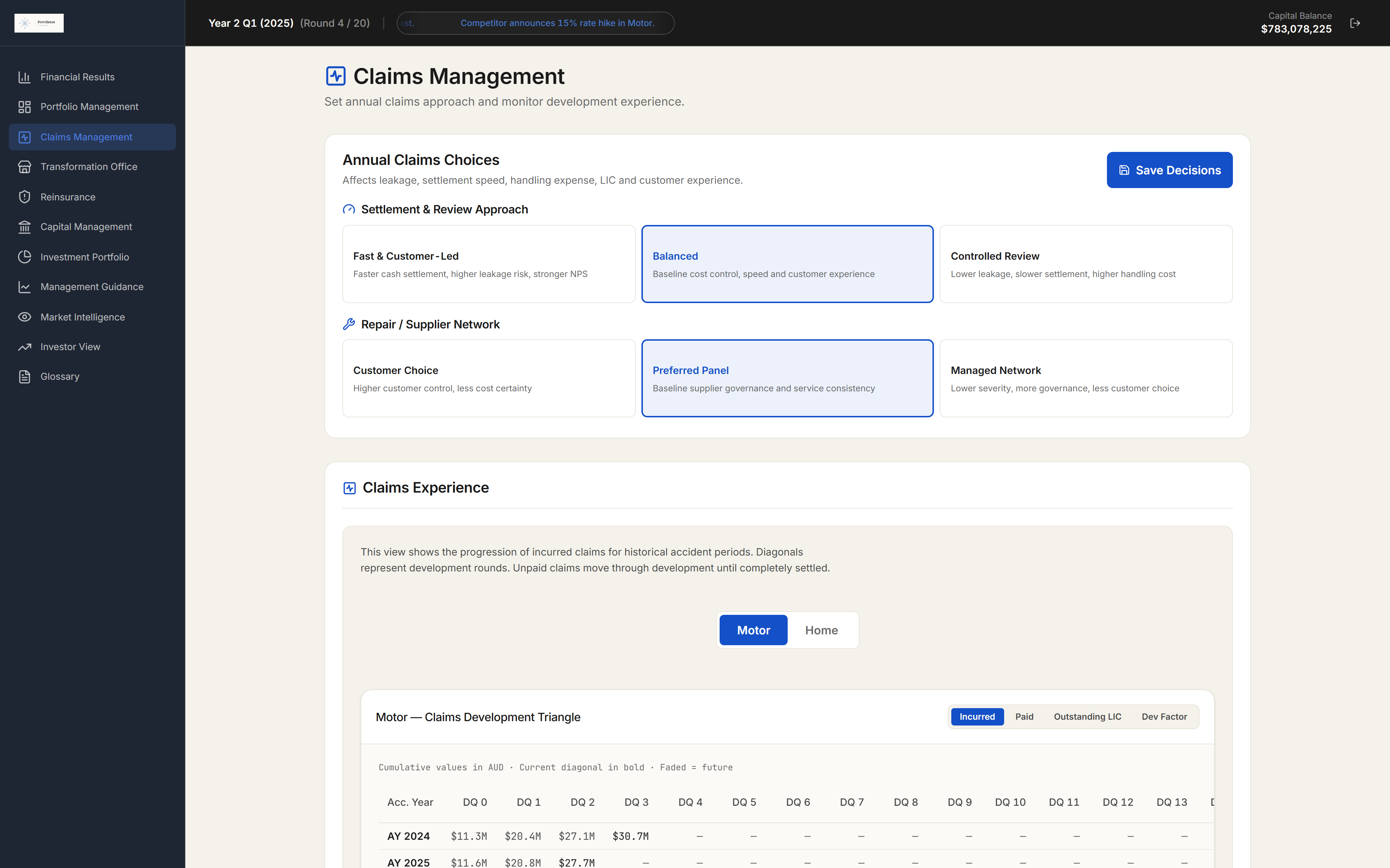 Providence claims management surface showing settlement approach, supplier network and claims analytics