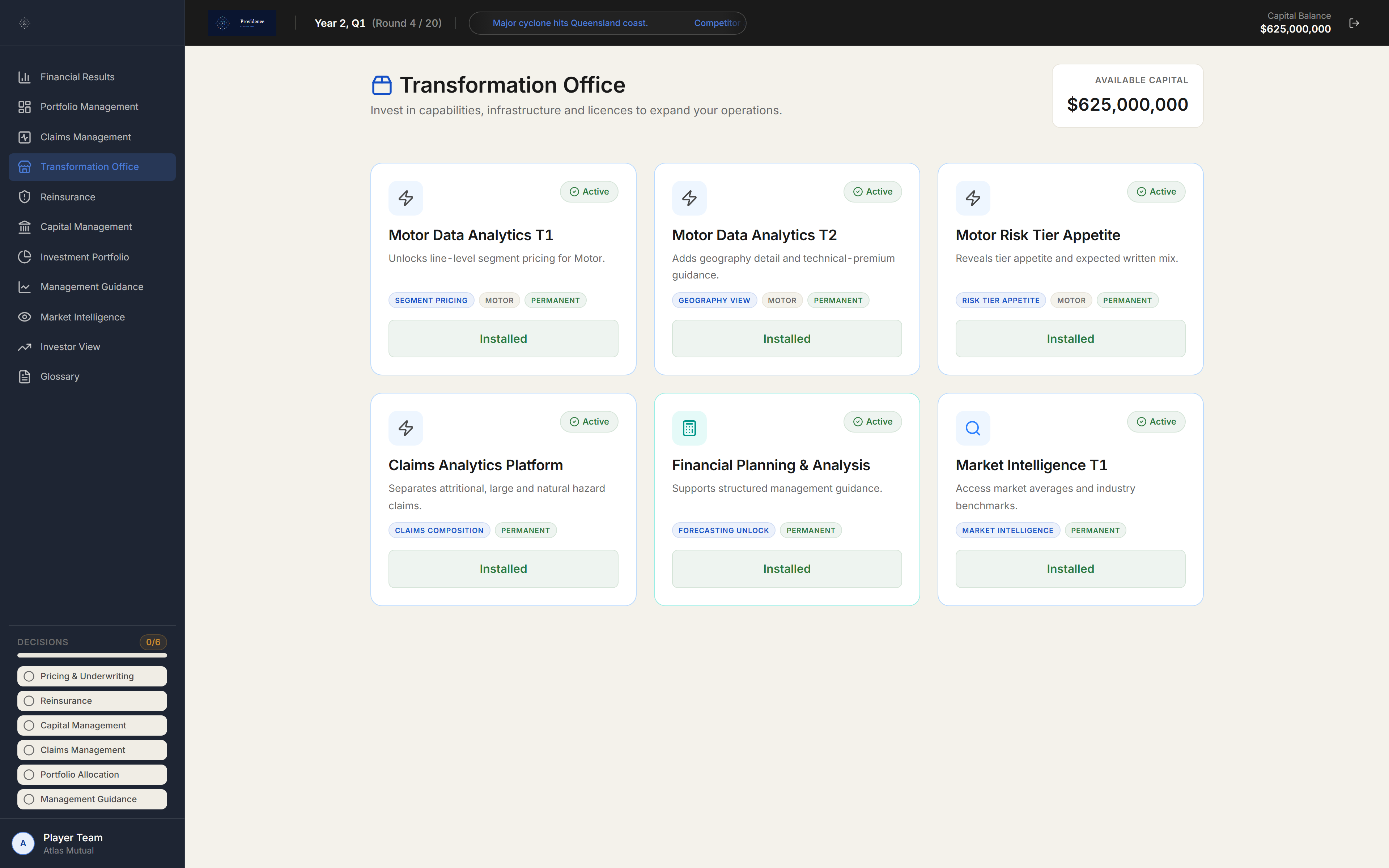 Providence transformation office surface showing capability investment options and active improvements
