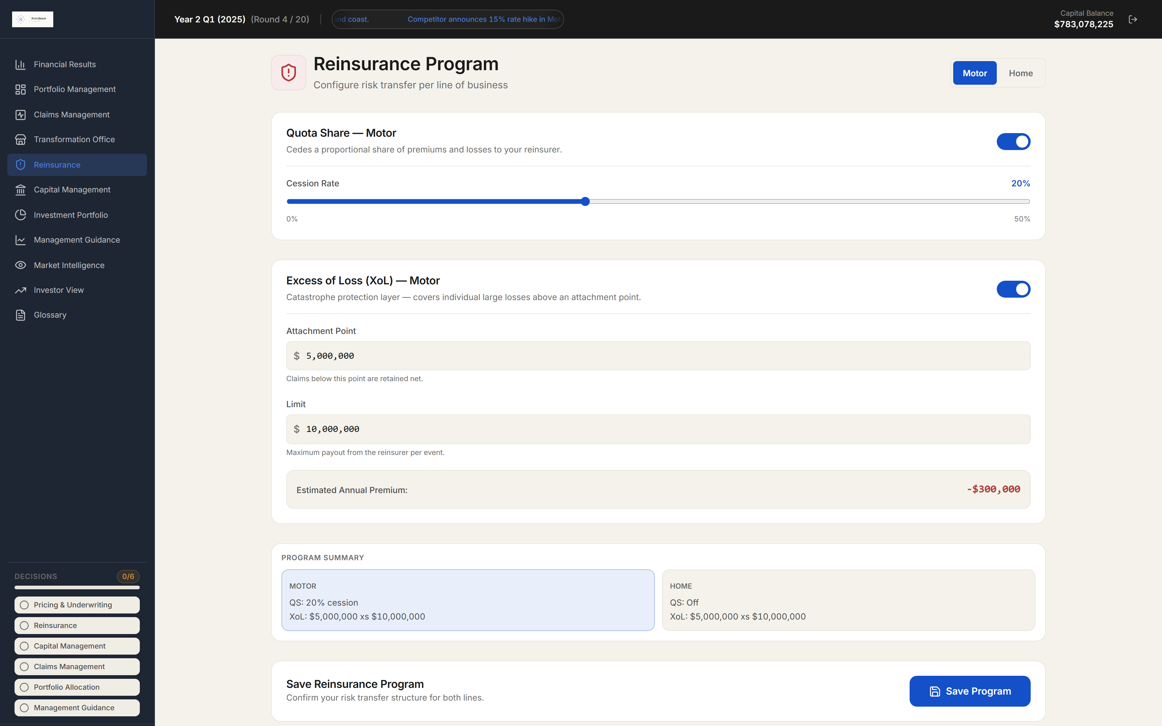 Providence reinsurance surface showing quota share and excess of loss settings by line